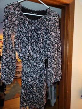 Vanity Rachael & Chloe Black Dress with Red Pink Floral Print - Long Sleeve